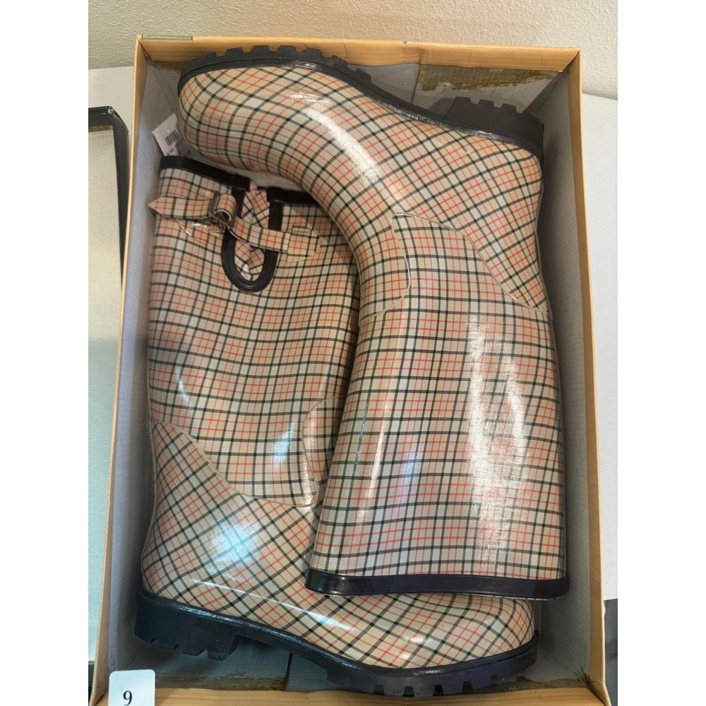 Lower East Side Womens Plaid Rain Boots Tan Red Black Check Waterproof Size 9